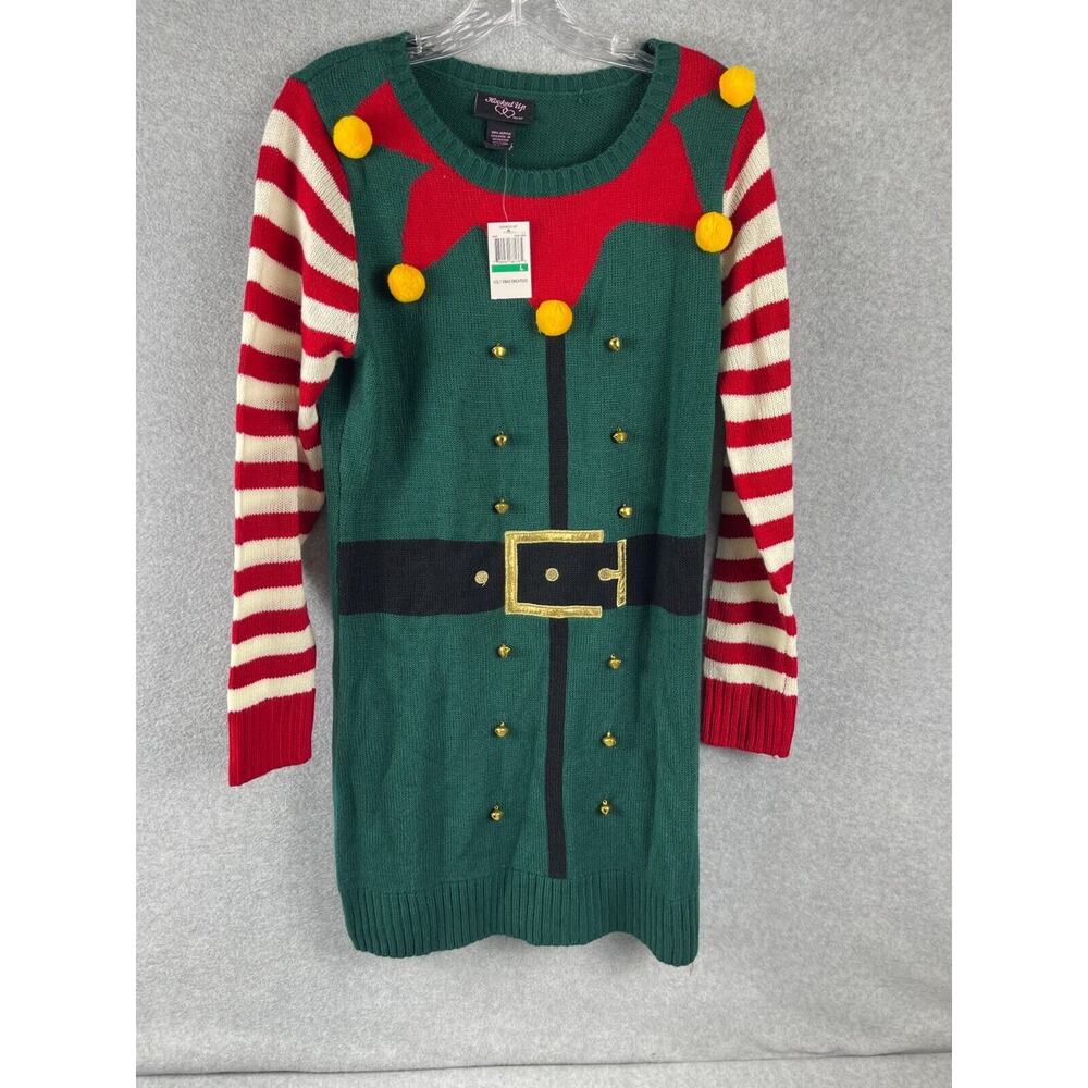 Hooked Up by IOT Ugly‎ Christmas Sweater Dress Women's L Holiday Elf Bells